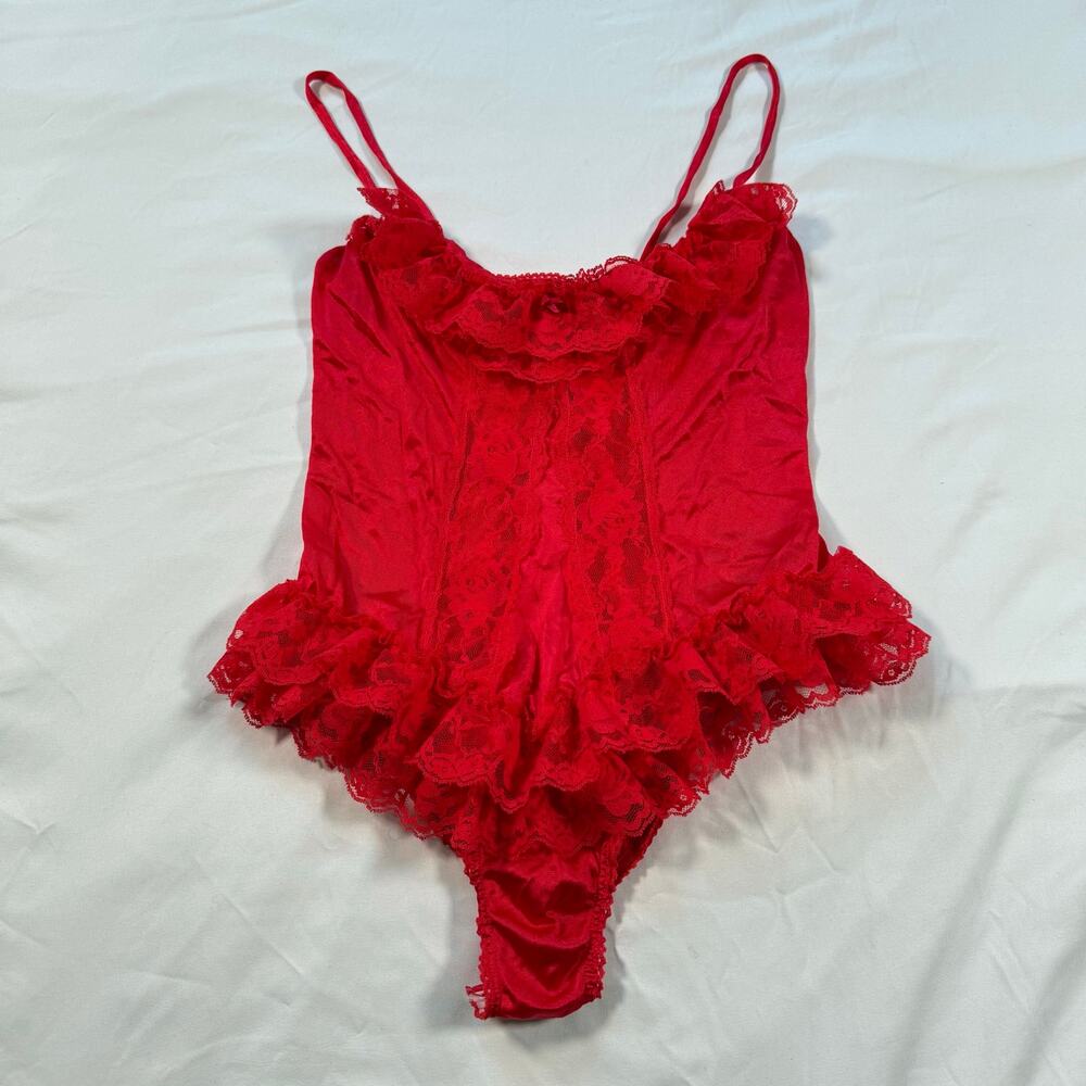 vintage red nylon teddy lace bodysuit lingerie snap botton closure
